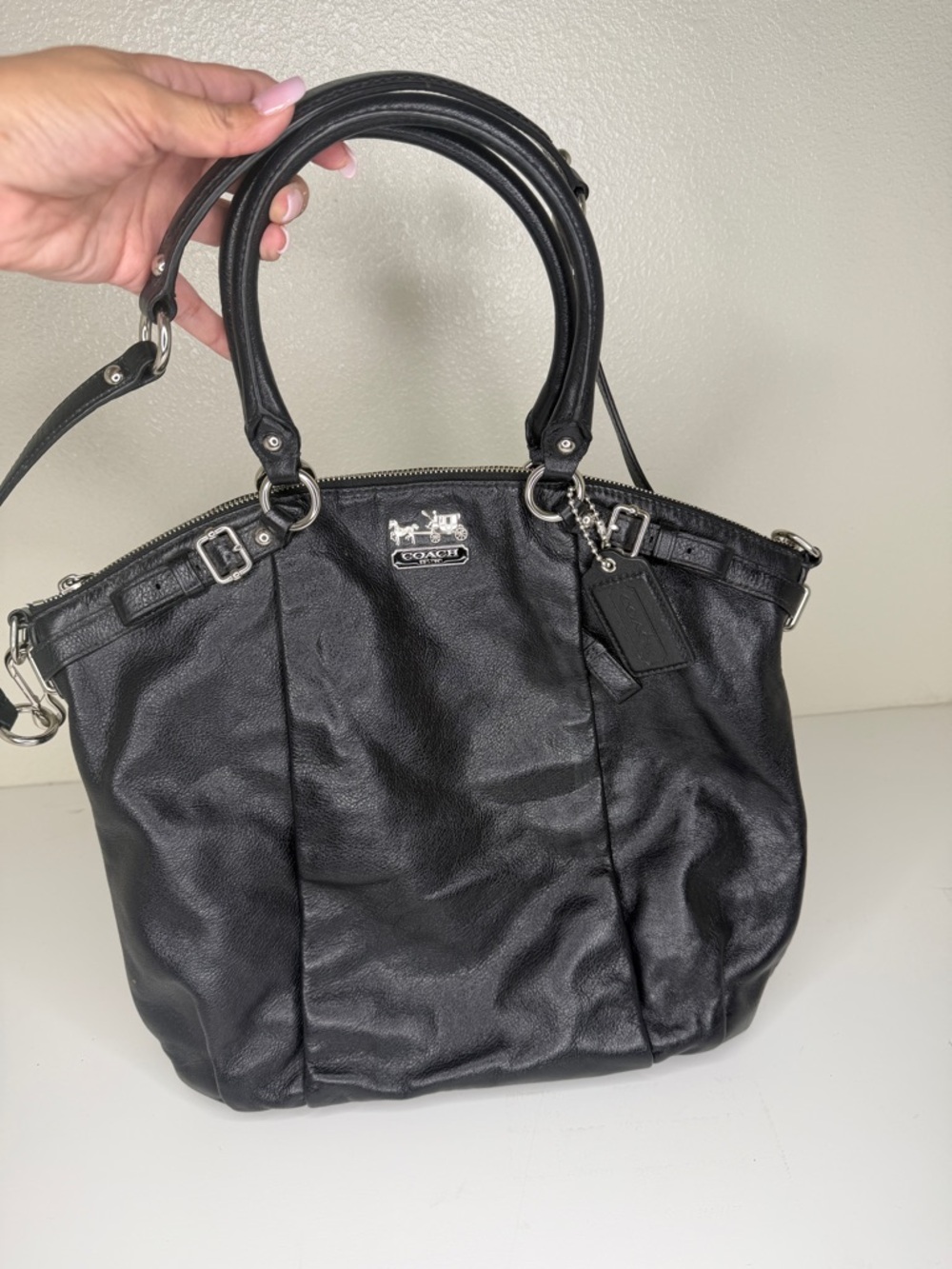 Coach Black Leather Tote with Silver Hardware